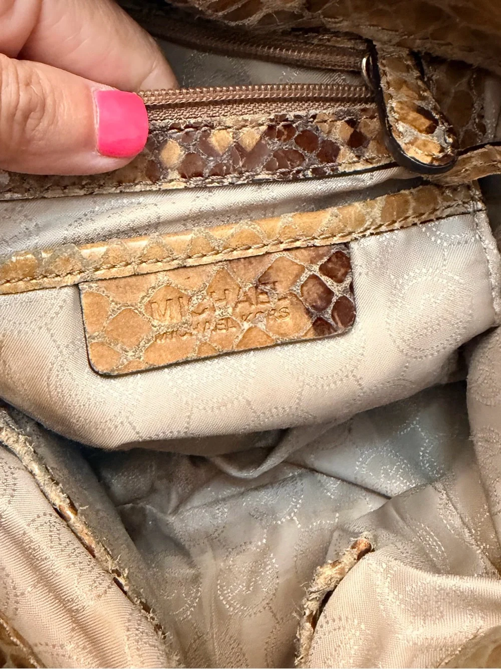 Michael Kors Hamilton satchel Snake Leather Brown Purse GUC 2 charm + key chain